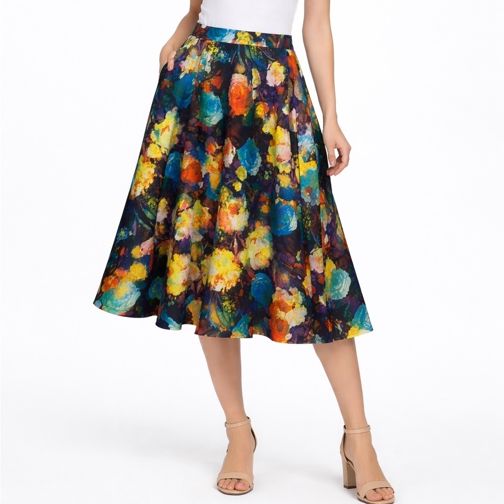 Colorful Abstract Floral Pleated Midi Skirt Size 10 Statement A Line